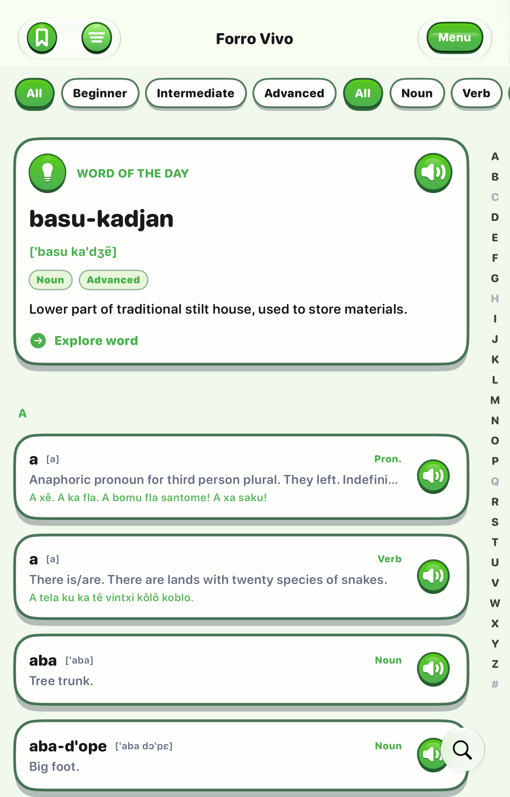 ForroVivo interactive dictionary with word of the day and audio